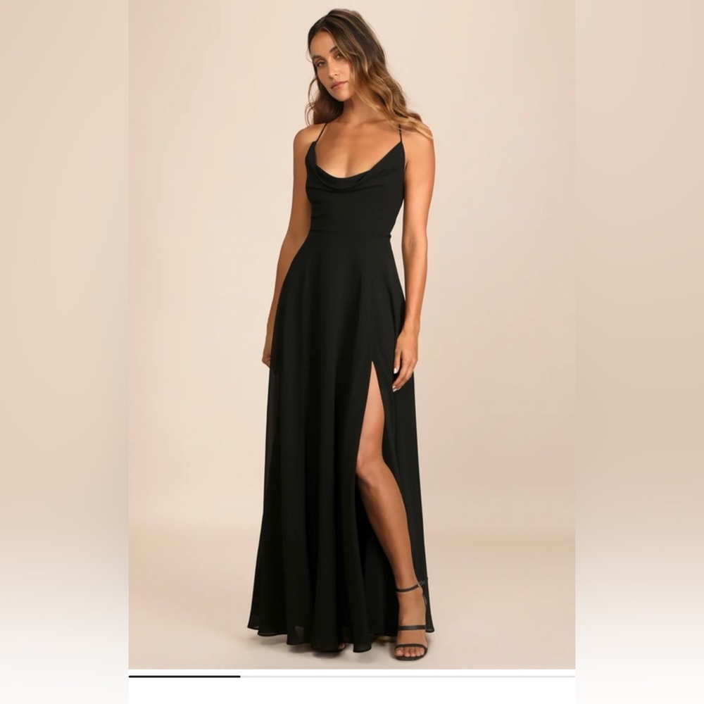 Lulu's Romantically Speaking Black Cowl Lace-Up Maxi Dress